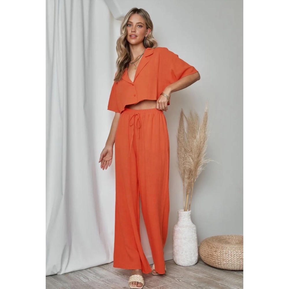 NWT Orange Wide Leg Cropped Top Linen Set L *VICI*